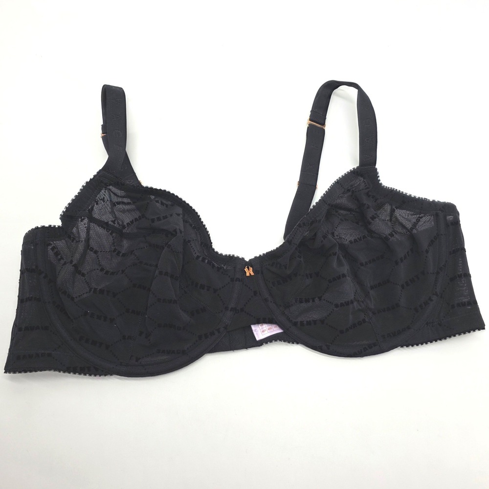 Savage X Fenty Bra Black Lingerie Logo Unlined Underwire Sheer Mesh sz 42DD New‎